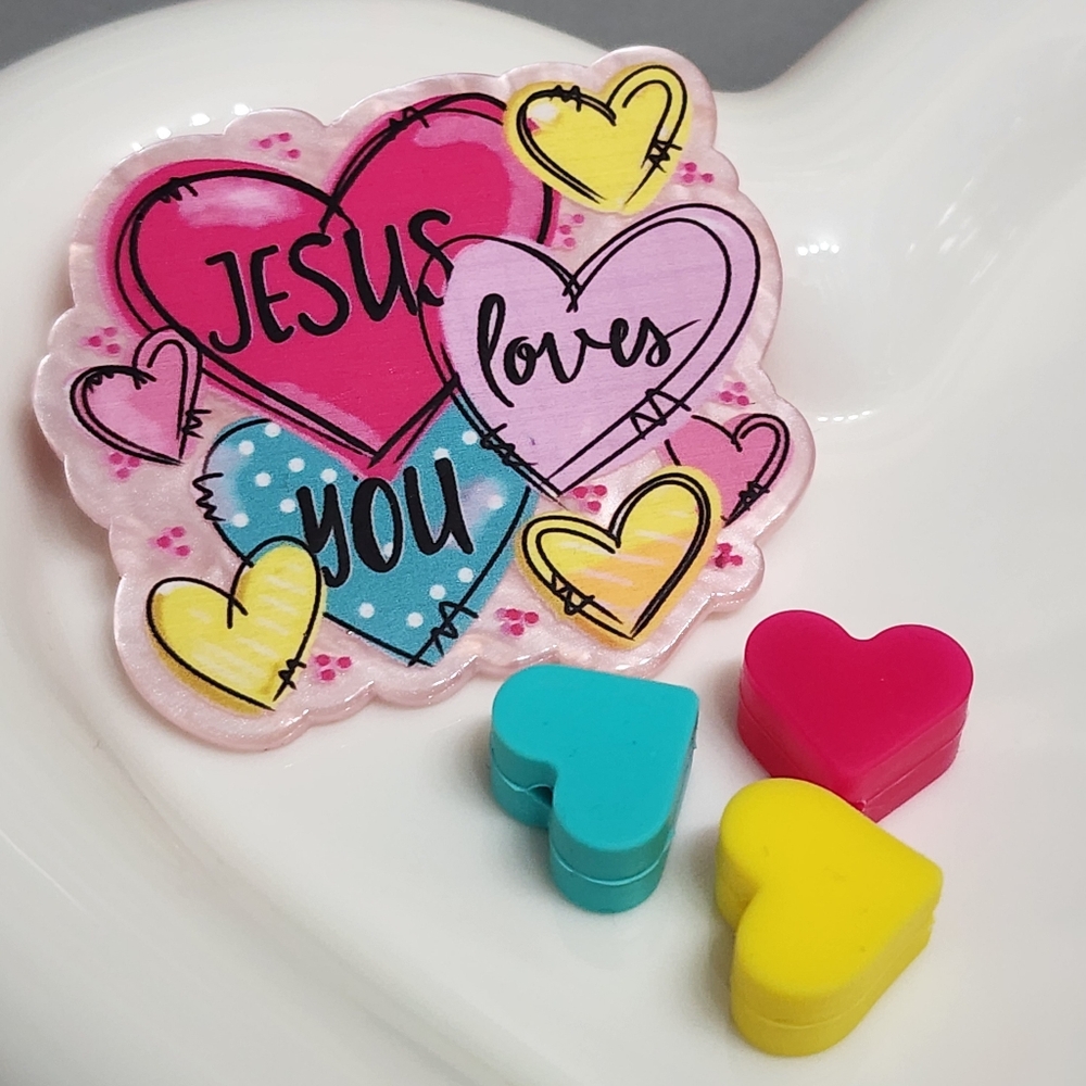 Flatback Jesus Loves You Heart Beads Religious Badge Keychain Crafts Magnet